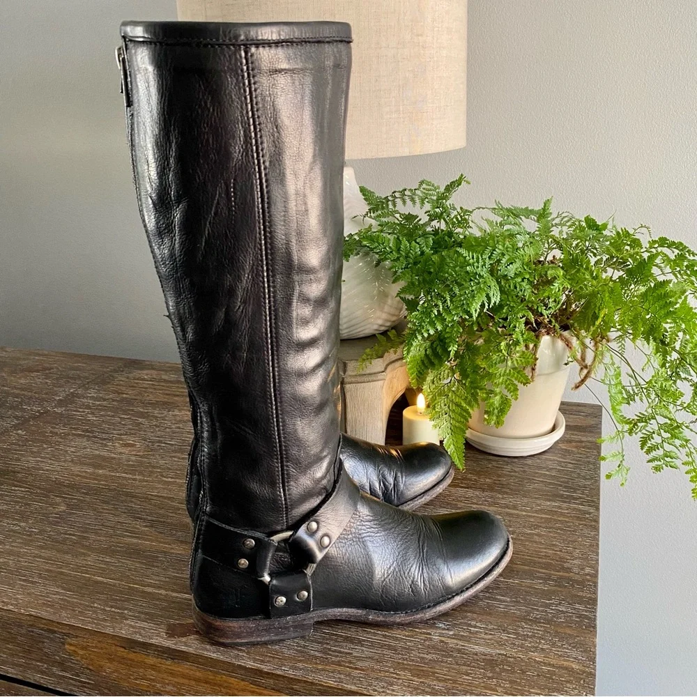 FRYE Phillip Harness Tall Knee High Wide Calf Boots Shoe Black Leather Womens 6B